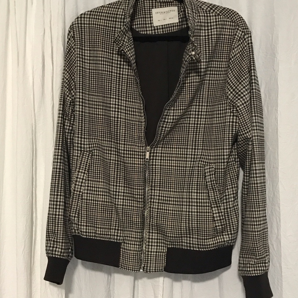 Denim & Flower Brown and tan blue Plaid Bomber Jacket